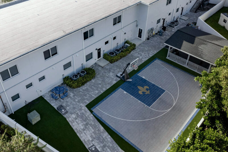 Aerial view of the basketball courtyard at Boca Recovery Center in Pompano Beach