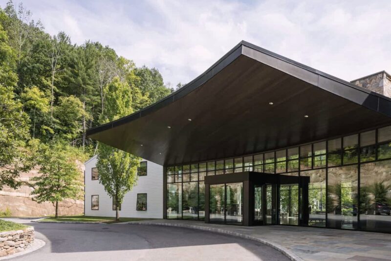 Glass-fronted main building at Mountainside Treatment Center in Canaan, Connecticut