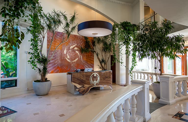 Reception area with indoor trees at Passages Malibu
