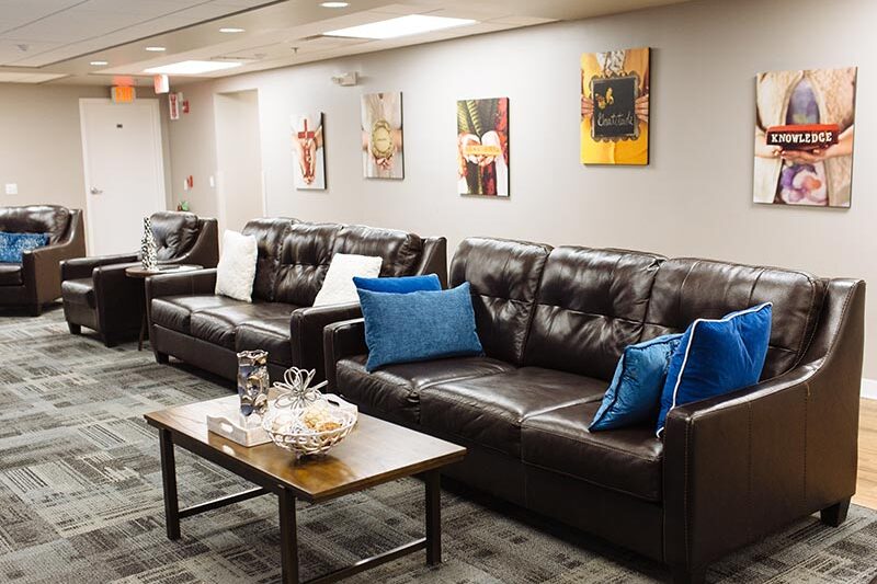 Seating area at the former Timberline Knolls campus in Lemont, Illinois