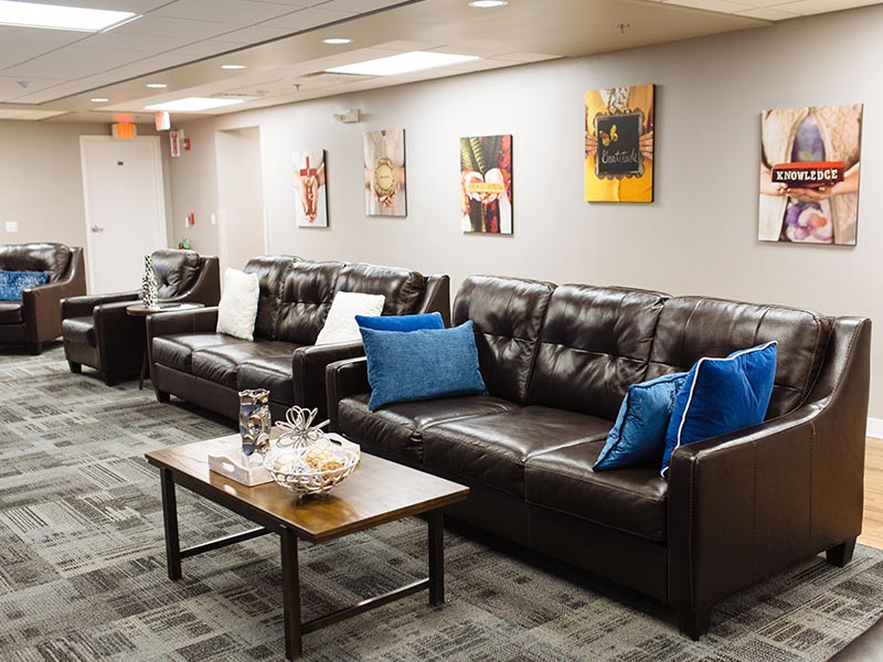 Seating area at the former Timberline Knolls campus in Lemont, Illinois