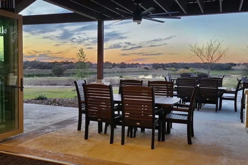 Outdoor seating at the Warriors Heart Texas lakeside campus