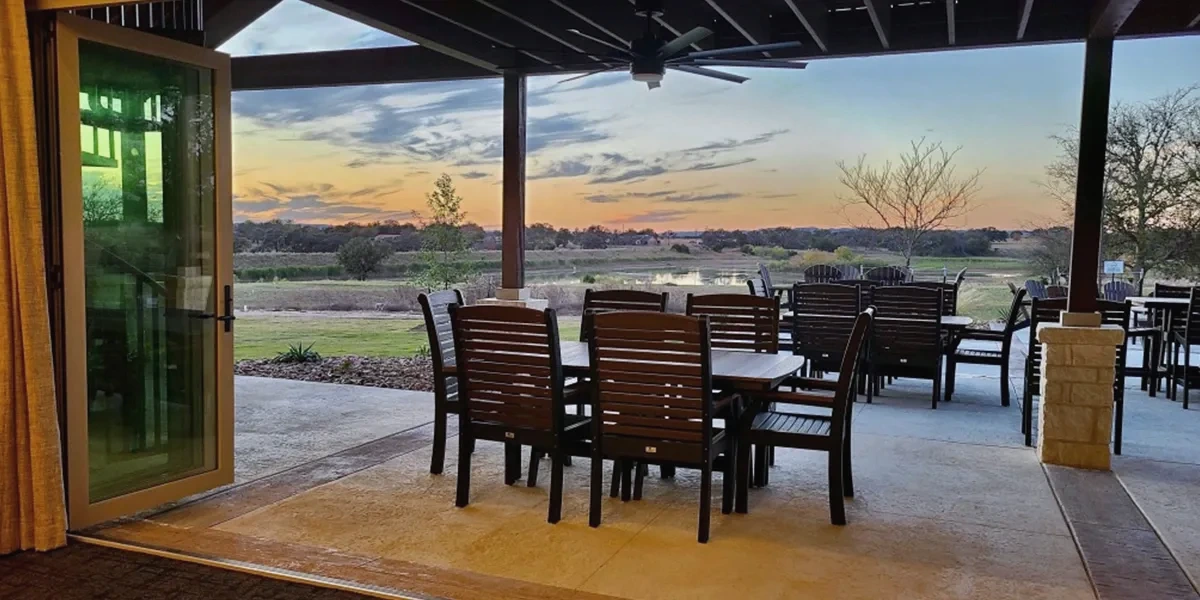 Outdoor seating at the Warriors Heart Texas lakeside campus