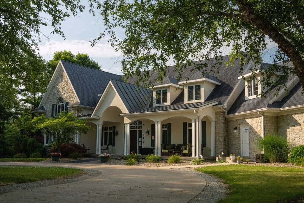 Tree-shaded residential building at Selah House in Anderson, Indiana