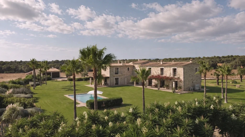 Stone residence with lawns and palm trees, shown by THE BALANCE for Mallorca residential treatment