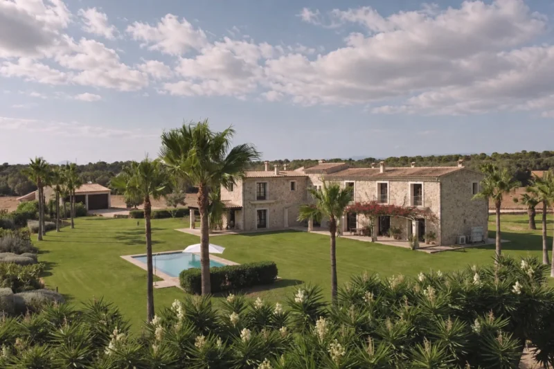Stone residence with lawns and palm trees, shown by THE BALANCE for Mallorca residential treatment