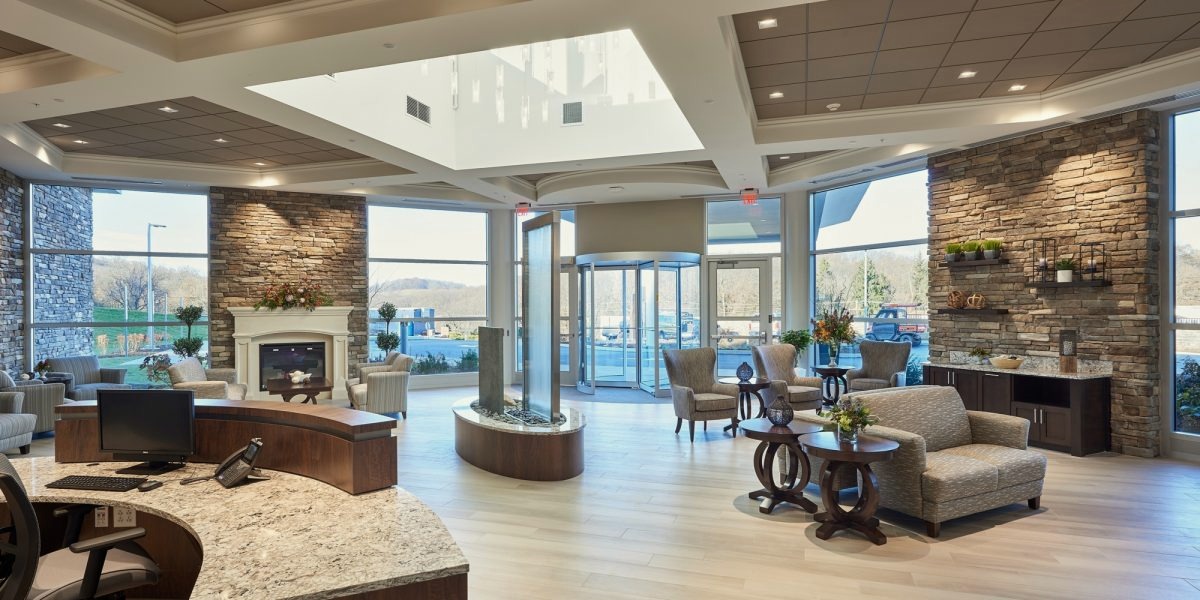 Lobby lounge inside Caron's Neag Medical Center in Pennsylvania