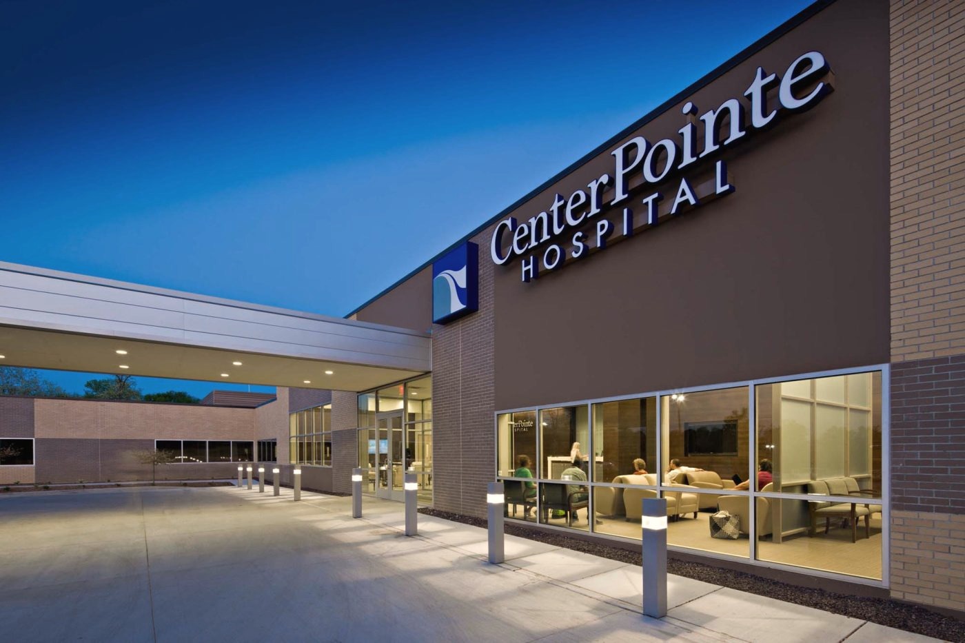 Front entrance of CenterPointe Hospital in St. Charles, Missouri, at night