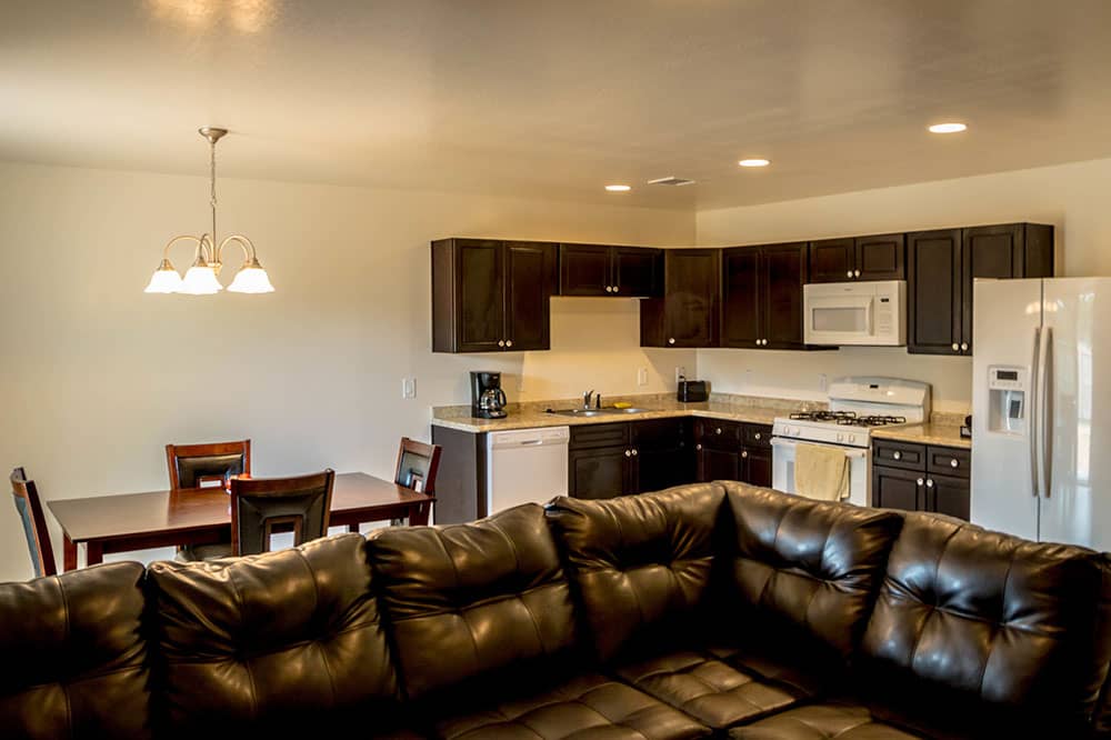 Residential kitchen and lounge at Granite Mountain Behavioral Healthcare in Prescott Valley