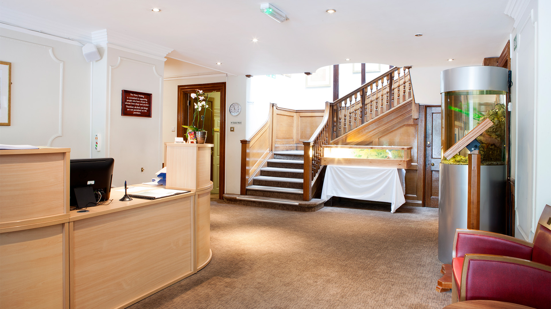 Reception area at Priory Hospital Woking