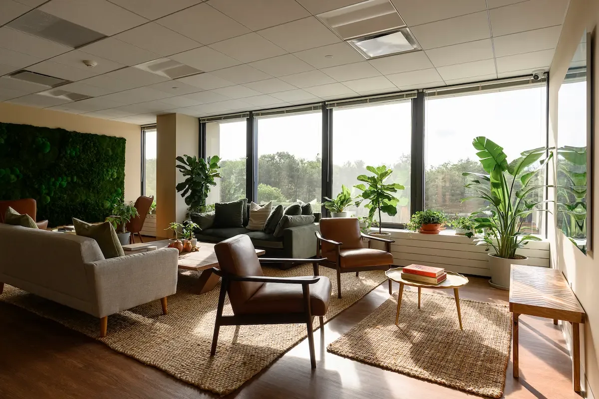 Sunlit client lounge at Release Recovery Westchester