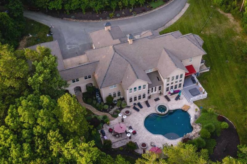 Aerial view of the Tranquility Woods main house in Pasadena, Maryland