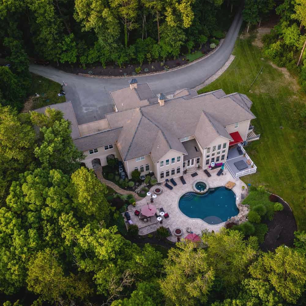 Aerial view of the Tranquility Woods main house in Pasadena, Maryland