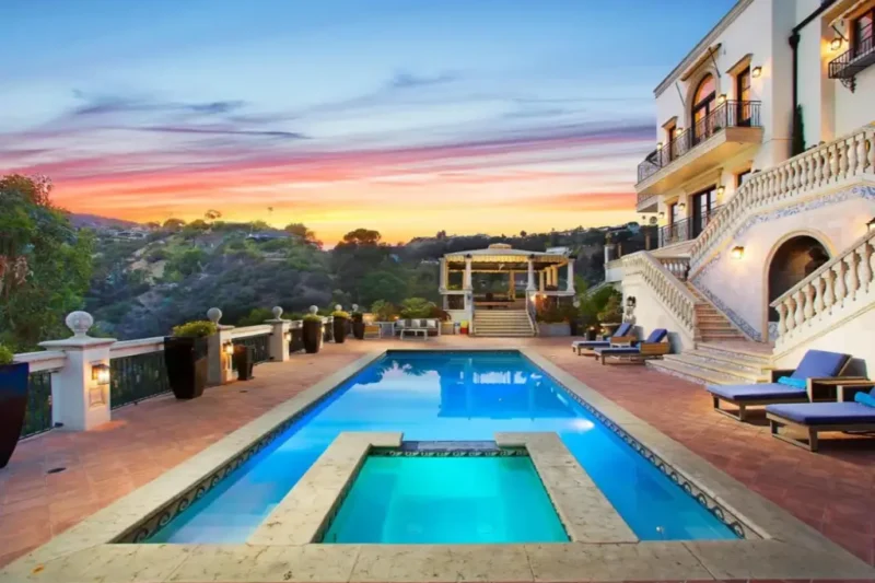 Pool area at dusk at Legacy Healing Center's Los Angeles residence on Castilian Drive