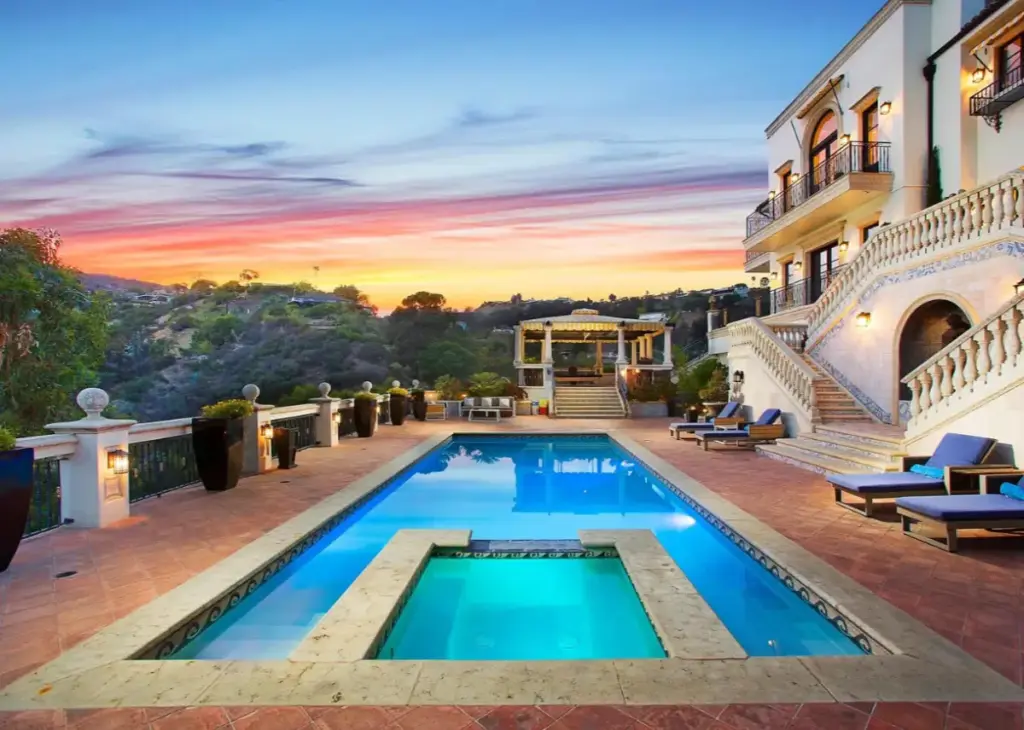 Pool area at dusk at Legacy Healing Center's Los Angeles residence on Castilian Drive